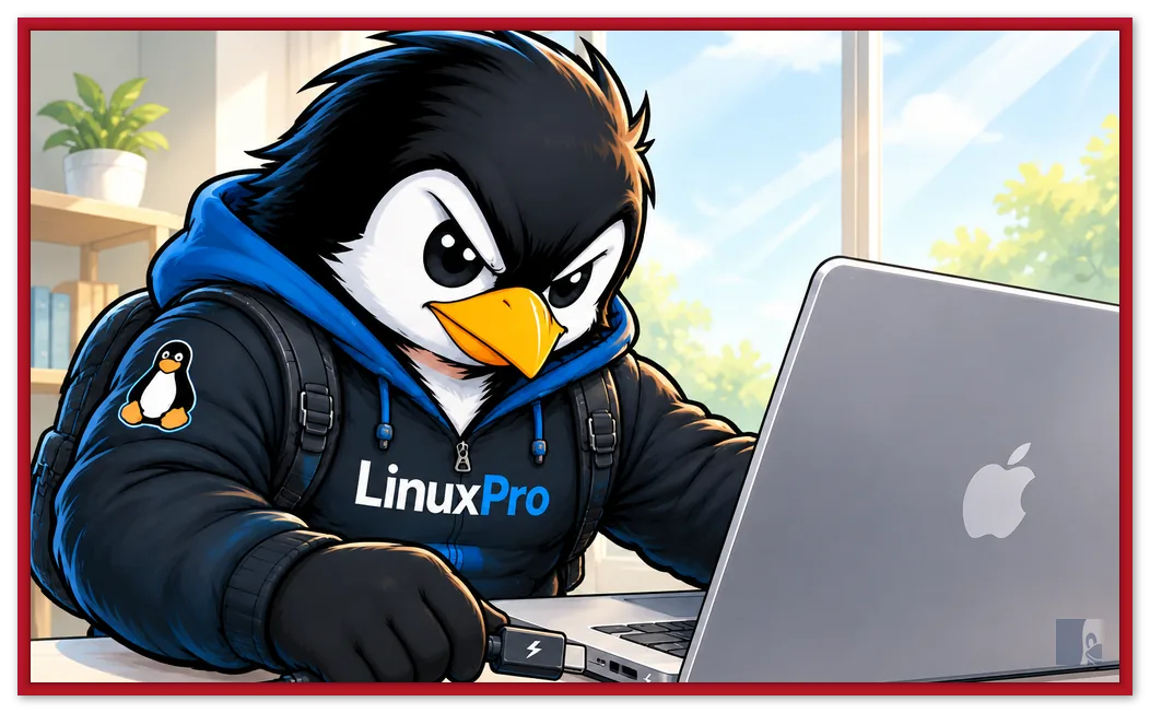 Capa: Tux conectando um cabo Thunderbolt em um MacBook em estilo cartoon