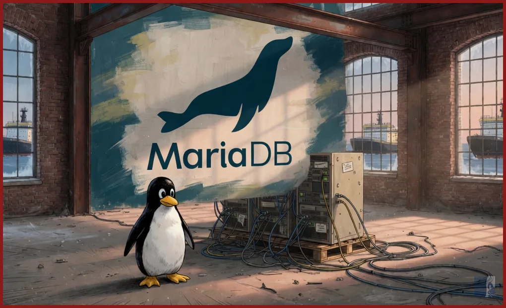 Armazém de tijolos em Katajanokka, Helsinque, com o leão-marinho oficial da MariaDB na parede, três servidores em palete e Tux em pé