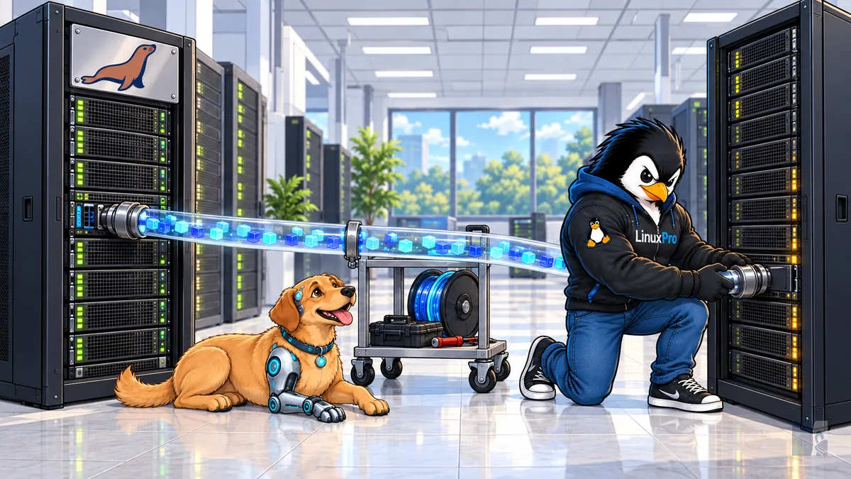Mascote LinuxPro ajoelhado conectando o novo nó (joiner) ao doador durante o SST do MariaDB Galera, com blocos de dados passando por um tubo e o cão caramelo deitado ao lado