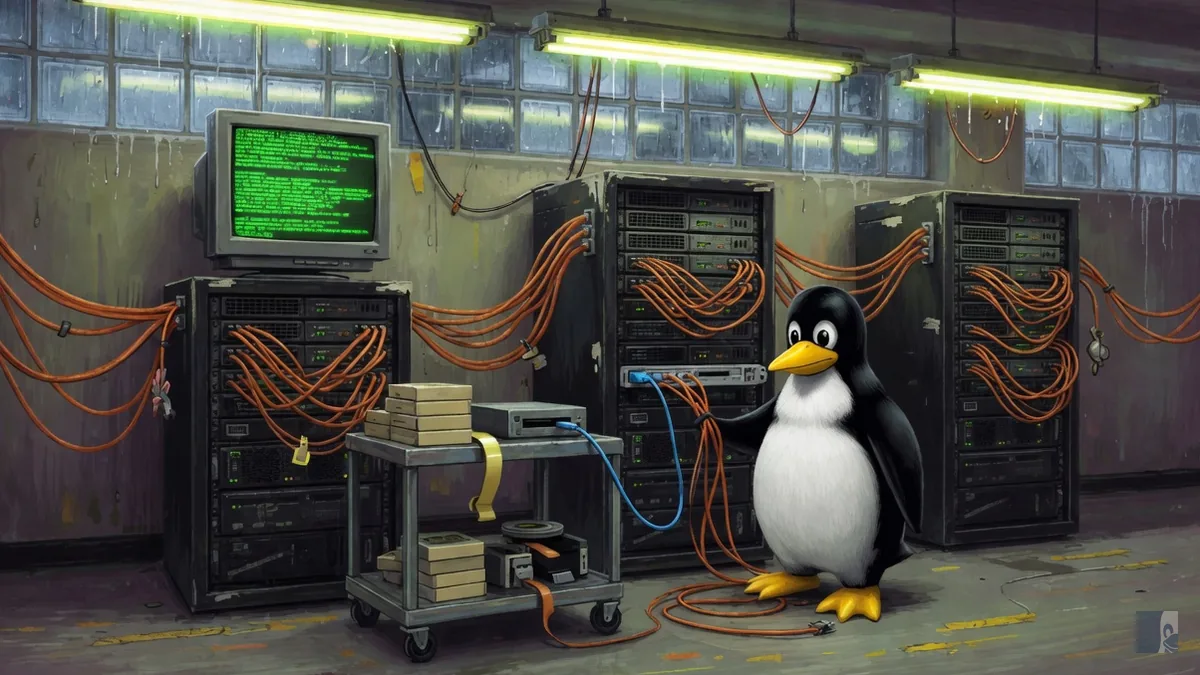 Laboratório em Otaniemi com três racks ligados em malha e Tux em pé no SST