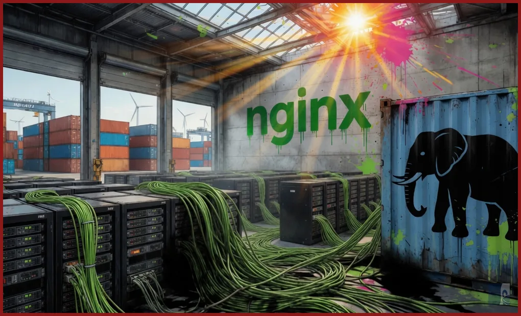 Galpão no porto de Rotterdam com o wordmark nginx na parede e um elefante PHP num container