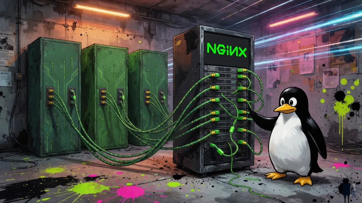 Três gabinetes de PHP ligados por fibra a um rack nginx, com Tux em pé