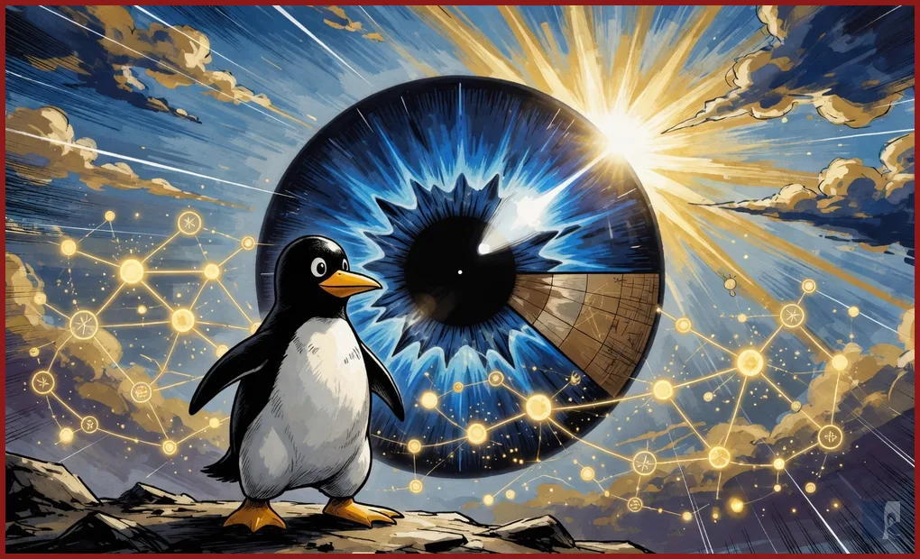 O que é uma rede neural: Tux, olho 3Blue1Brown e grafo de neurônios