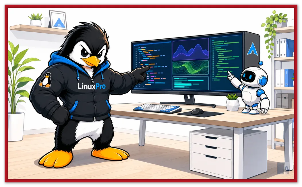 Mascote do LinuxPro diante de um desktop com janelas em mosaico do Omarchy e um agente de IA