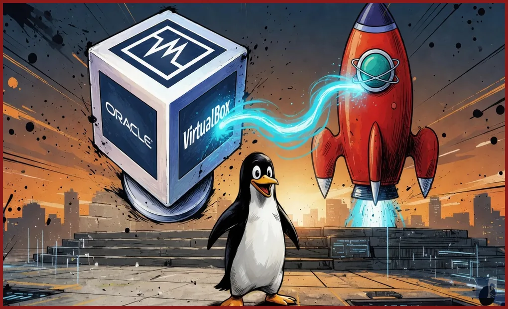 Tux de pé entre o cubo do VirtualBox e o foguete do XCP-ng