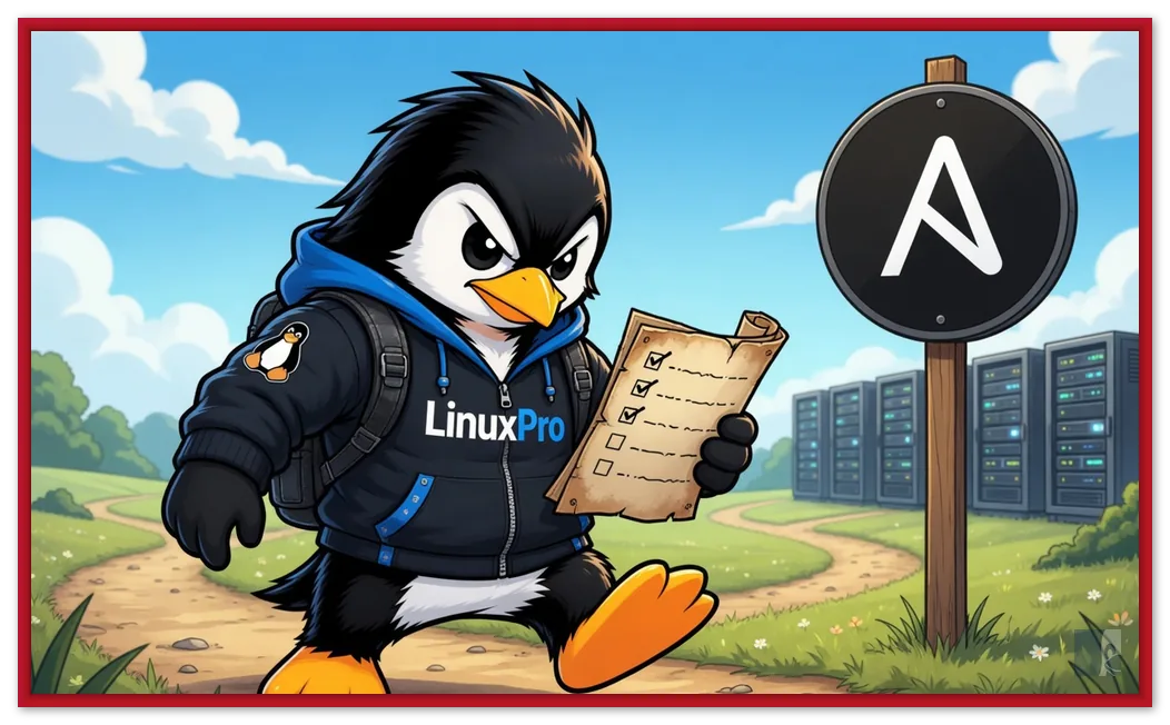 Capa: mascote do LinuxPro com um playbook na mão iniciando uma trilha rumo a servidores organizados, com o logo do Ansible