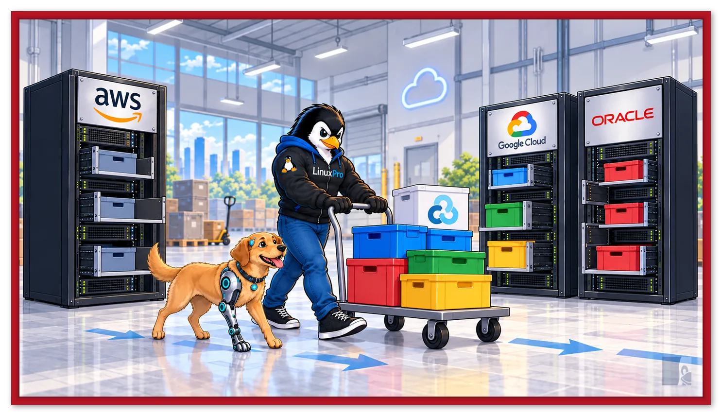 Mascote LinuxPro e cachorro caramelo cyborg transportam caixas com o logo rclone de um rack AWS para racks Google Cloud e Oracle.