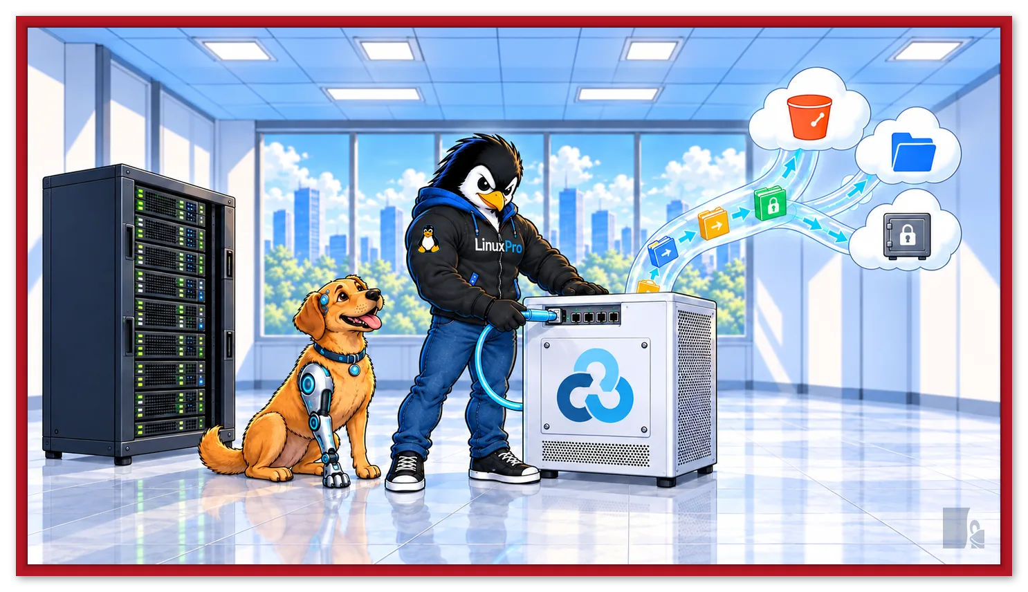 Mascote do LinuxPro conectando um cabo ao console com o logo do rclone, de onde arquivos sobem por um tubo até nuvens de armazenamento, com o cachorro caramelo cyborg sentado ao lado do rack