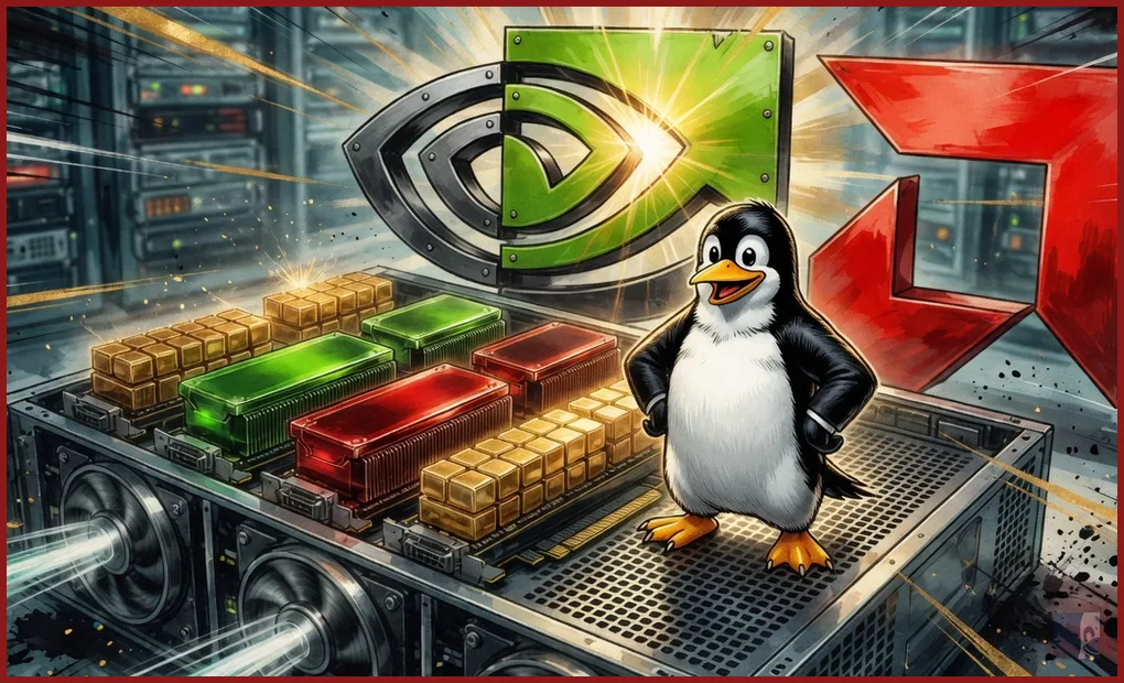 Tux num chassi com quatro GPUs de datacenter, olho da NVIDIA e seta da AMD