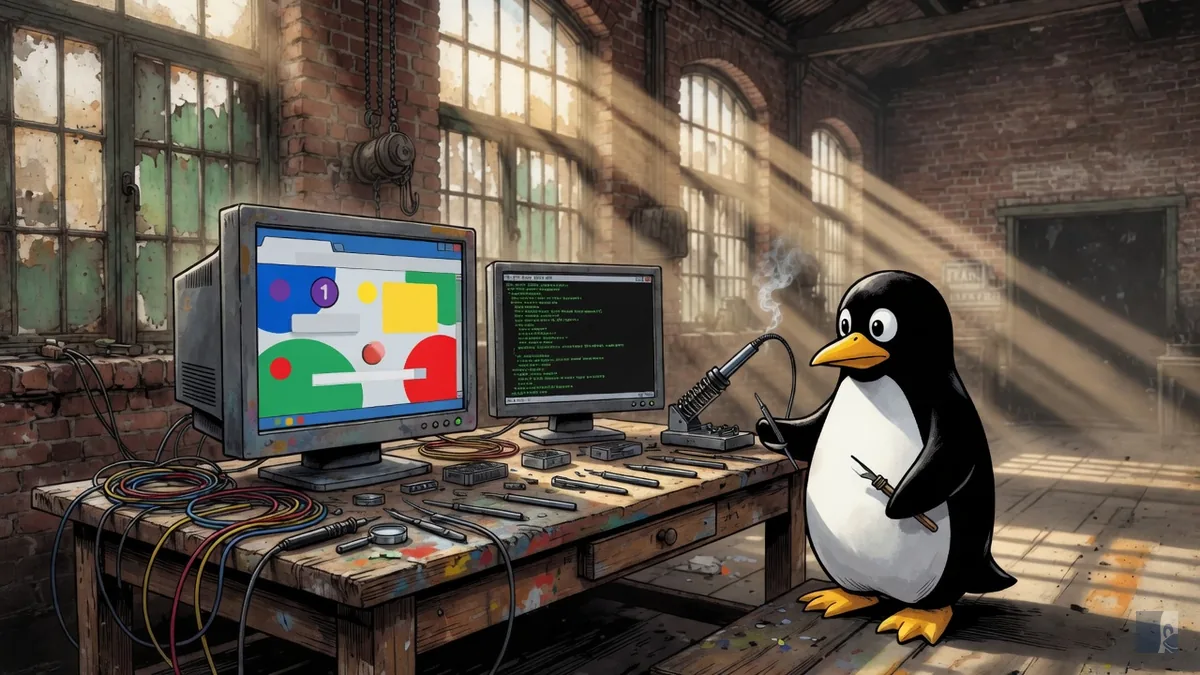 Bancada de eletrônica com Tux em pé, monitor de browser e terminal