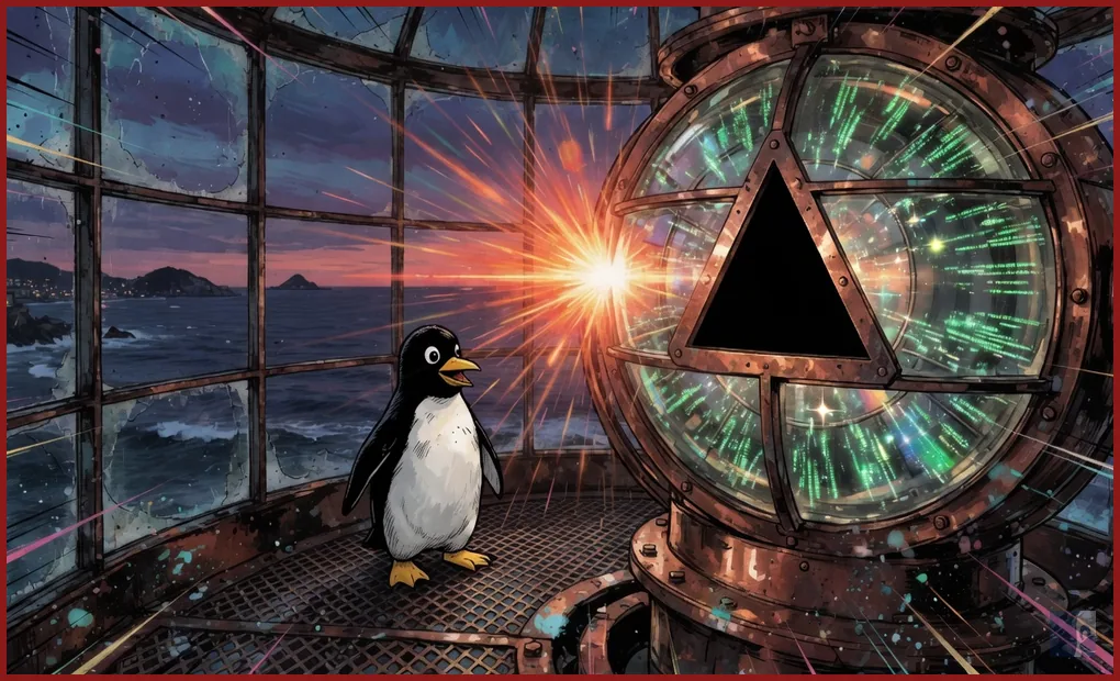 Farol à beira-mar com Tux em pé diante de uma lanterna de cobre e o triângulo da Vercel