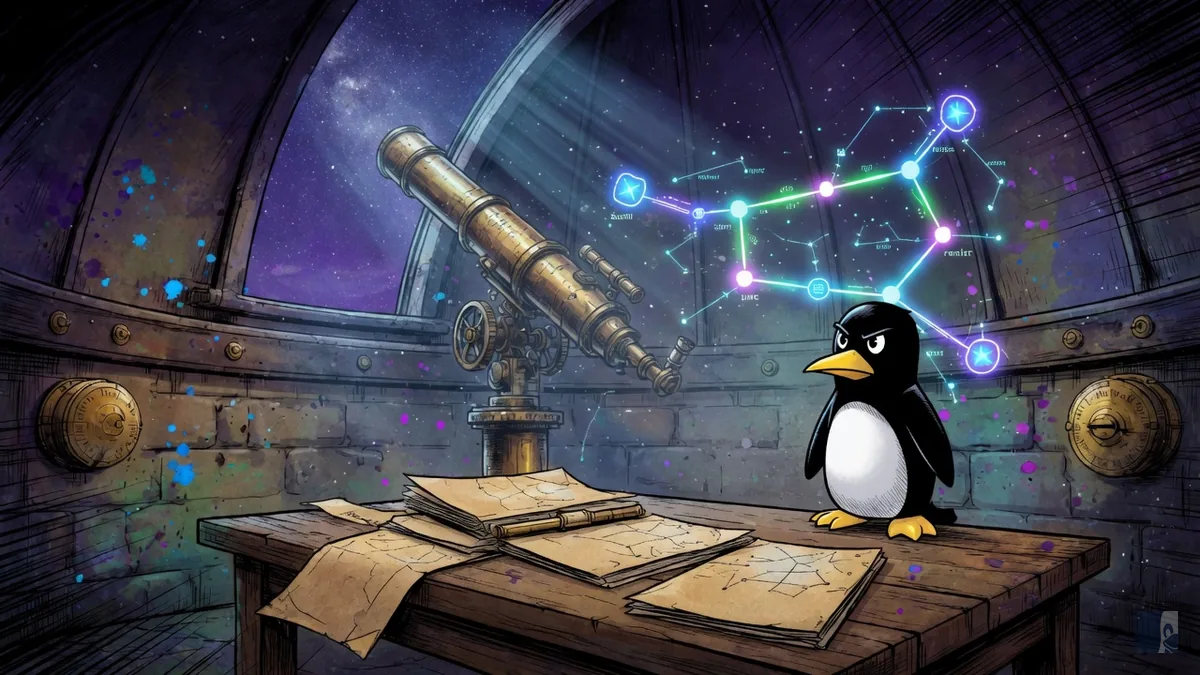 Observatório com Tux em pé, telescópio de latão e um grafo de nós brilhando