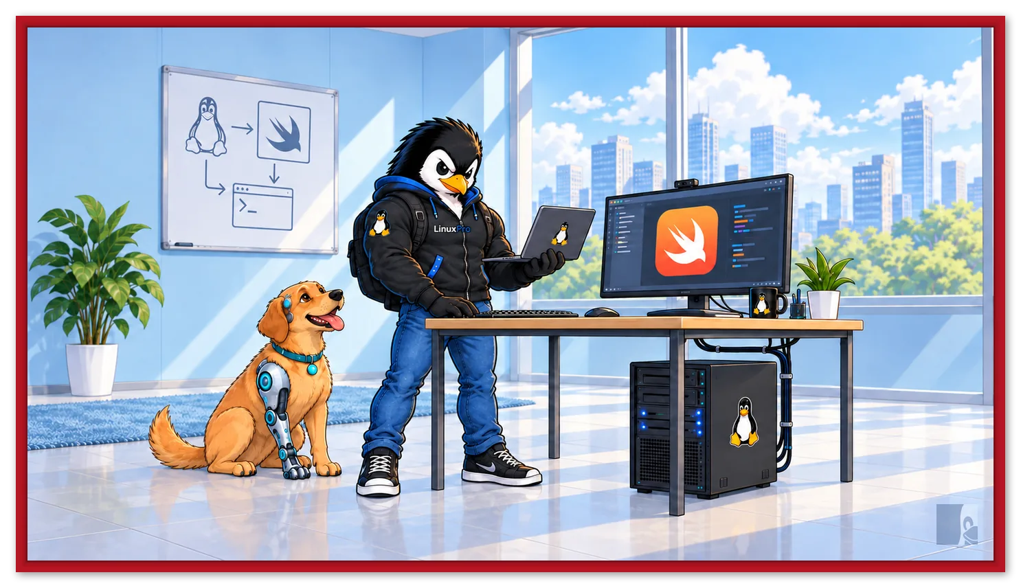 Mascote LinuxPro programando em Swift numa estação Linux, acompanhado do cachorro caramelo cyborg sentado ao lado