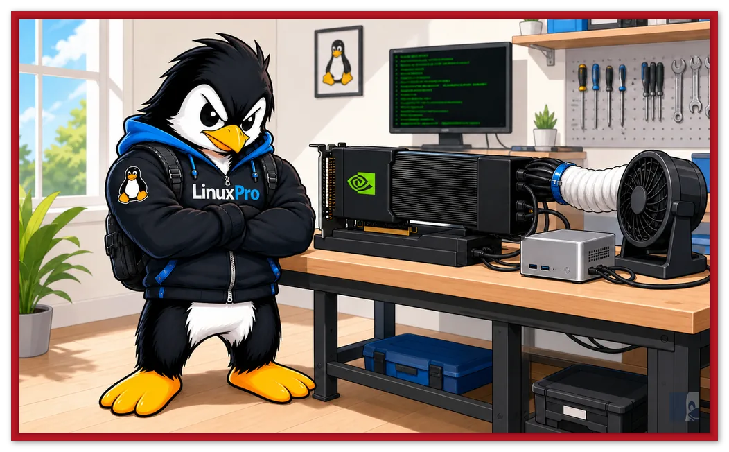 Capa: mascote do LinuxPro conectando uma Tesla V100 a um dock eGPU numa bancada, com ventilador improvisado e chat de IA no monitor