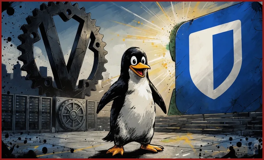 Tux em HQ diante do logo do Vaultwarden e do escudo do Bitwarden