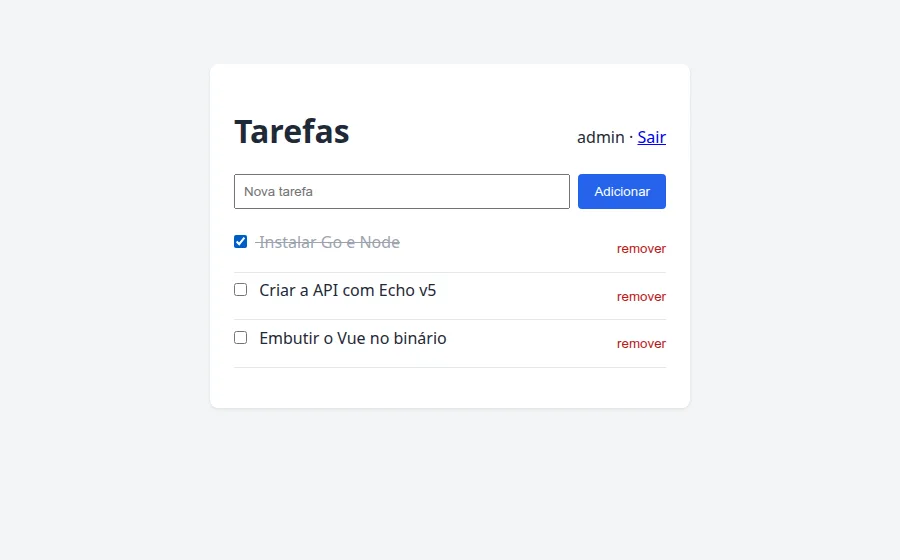 Tela de tarefas em Vue consumindo a API Go com Echo v5, com três tarefas e uma marcada como concluída