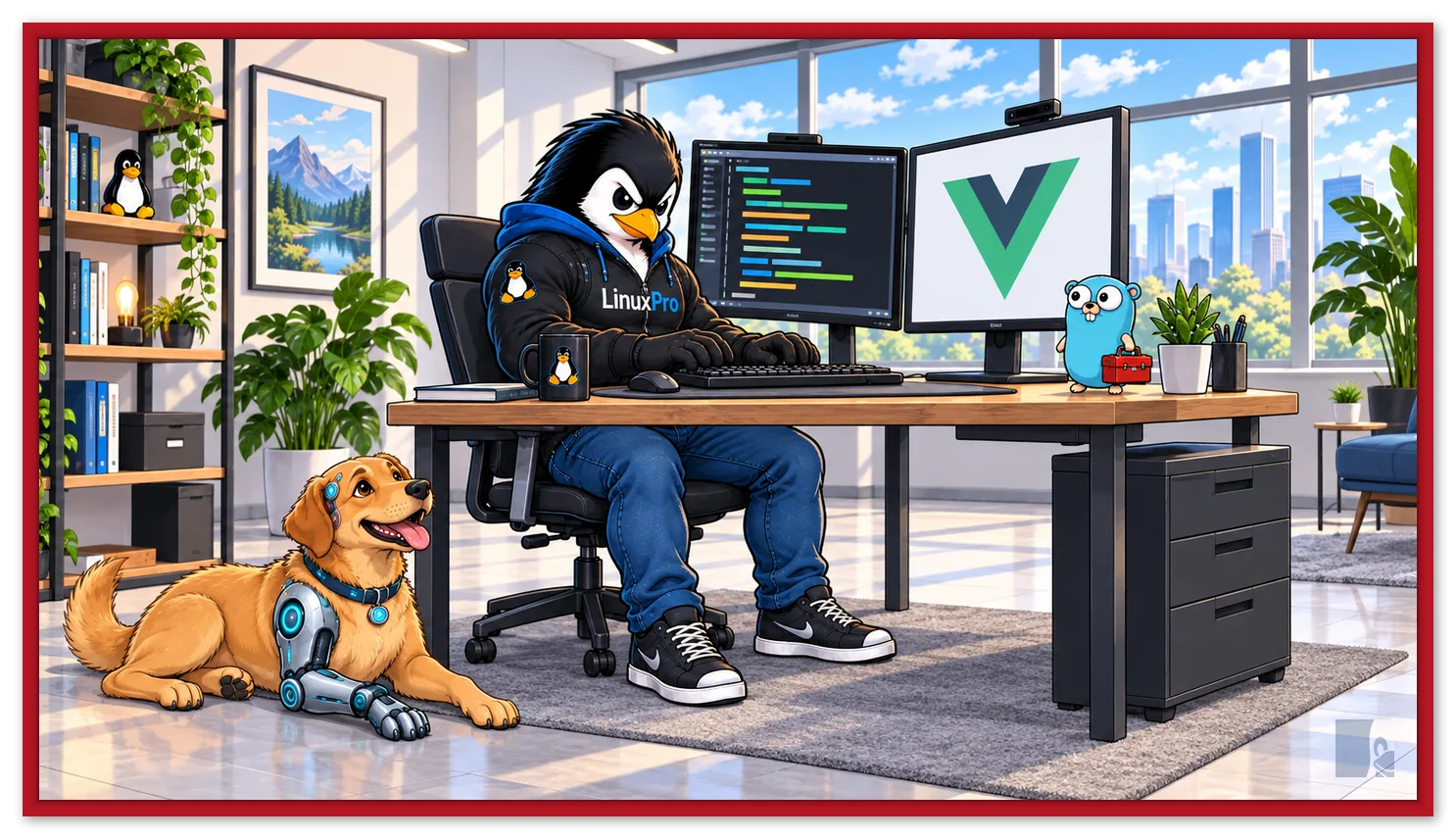 Mascote LinuxPro programando numa estação com o logo do Vue na tela e o gopher do Go na mesa, com o cachorro caramelo cyborg deitado ao lado