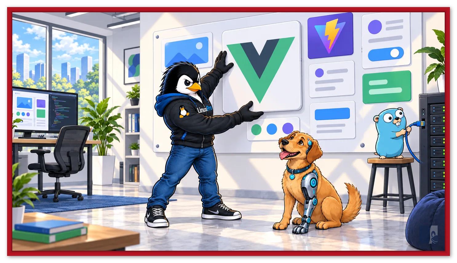 Mascote LinuxPro encaixando um bloco com o logo do Vue num quadro de componentes de interface, com o gopher do Go e o cachorro caramelo cyborg