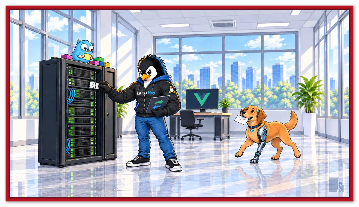 Mascote LinuxPro inserindo um cartão de dados JSON num rack de servidores, com o gopher do Go sobre o rack e o cachorro caramelo cyborg trazendo um envelope