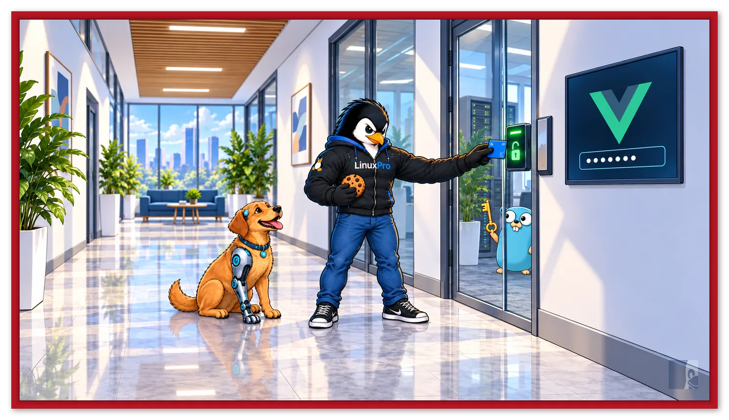 Mascote LinuxPro abrindo uma porta com cartão de acesso e segurando um cookie, com tela de login do Vue e o cachorro caramelo cyborg sentado ao lado