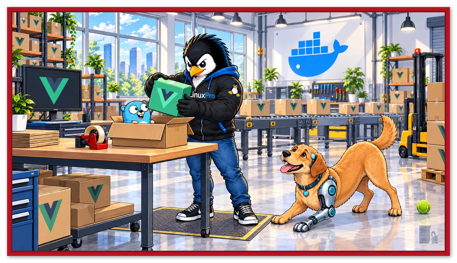 Mascote LinuxPro empacotando um cubo com o logo do Vue numa caixa com o gopher do Go, com a baleia do Docker ao fundo e o cachorro caramelo cyborg brincando