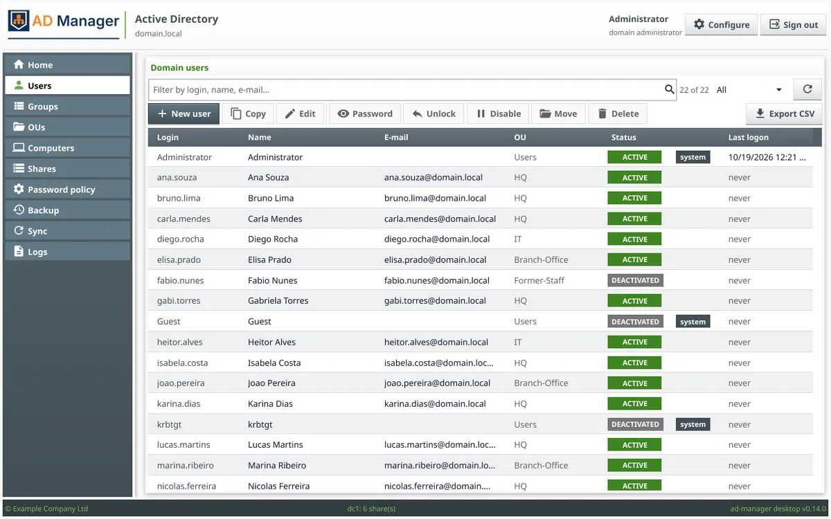 App desktop do AD Manager mostrando a lista de usuários do domínio