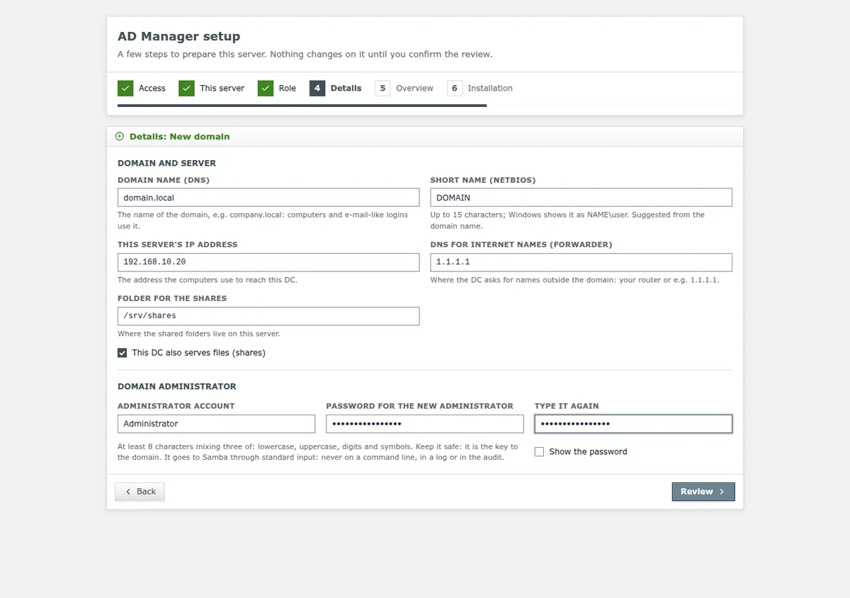 Assistente de instalação do AD Manager no navegador, etapa de detalhes do novo domínio
