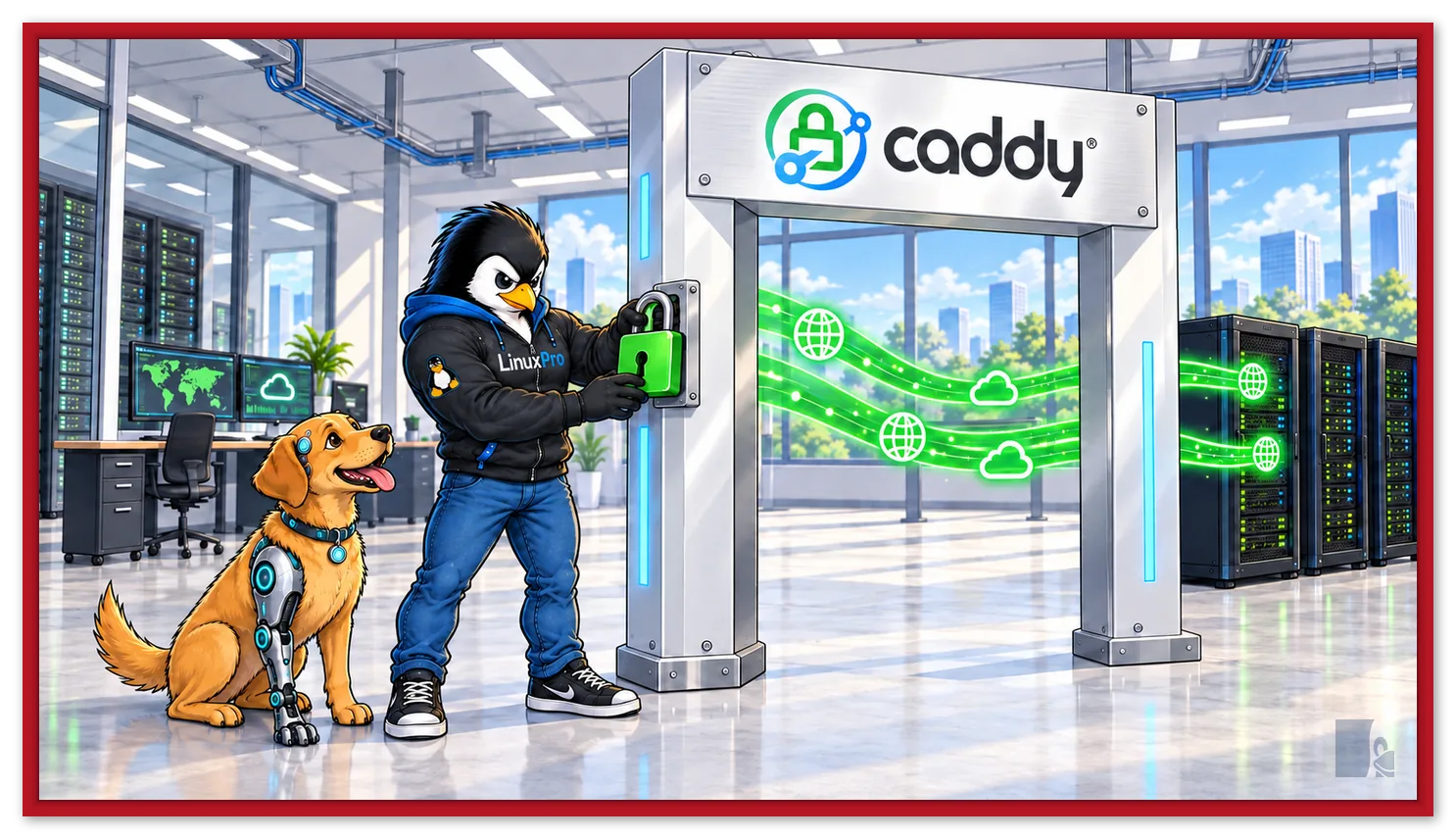 Mascote do LinuxPro encaixando um cadeado verde de HTTPS no portão com o logo do Caddy, por onde o tráfego da internet passa até os racks de servidores, com o cachorro caramelo sentado ao lado