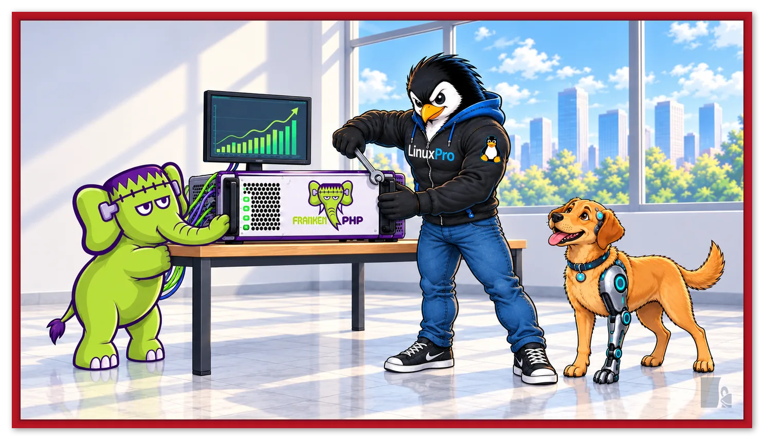 Mascote do LinuxPro apertando com uma chave inglesa o parafuso de um servidor com o logo do FrankenPHP, enquanto o elefante verde do FrankenPHP segura o outro lado e o cachorro caramelo observa