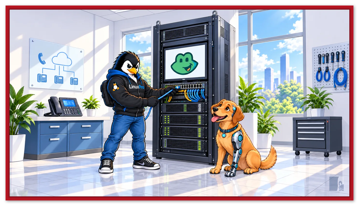 Mascote LinuxPro conecta cabos em um rack de telefonia IP com o logo FreePBX, acompanhado do cão caramelo cyborg.