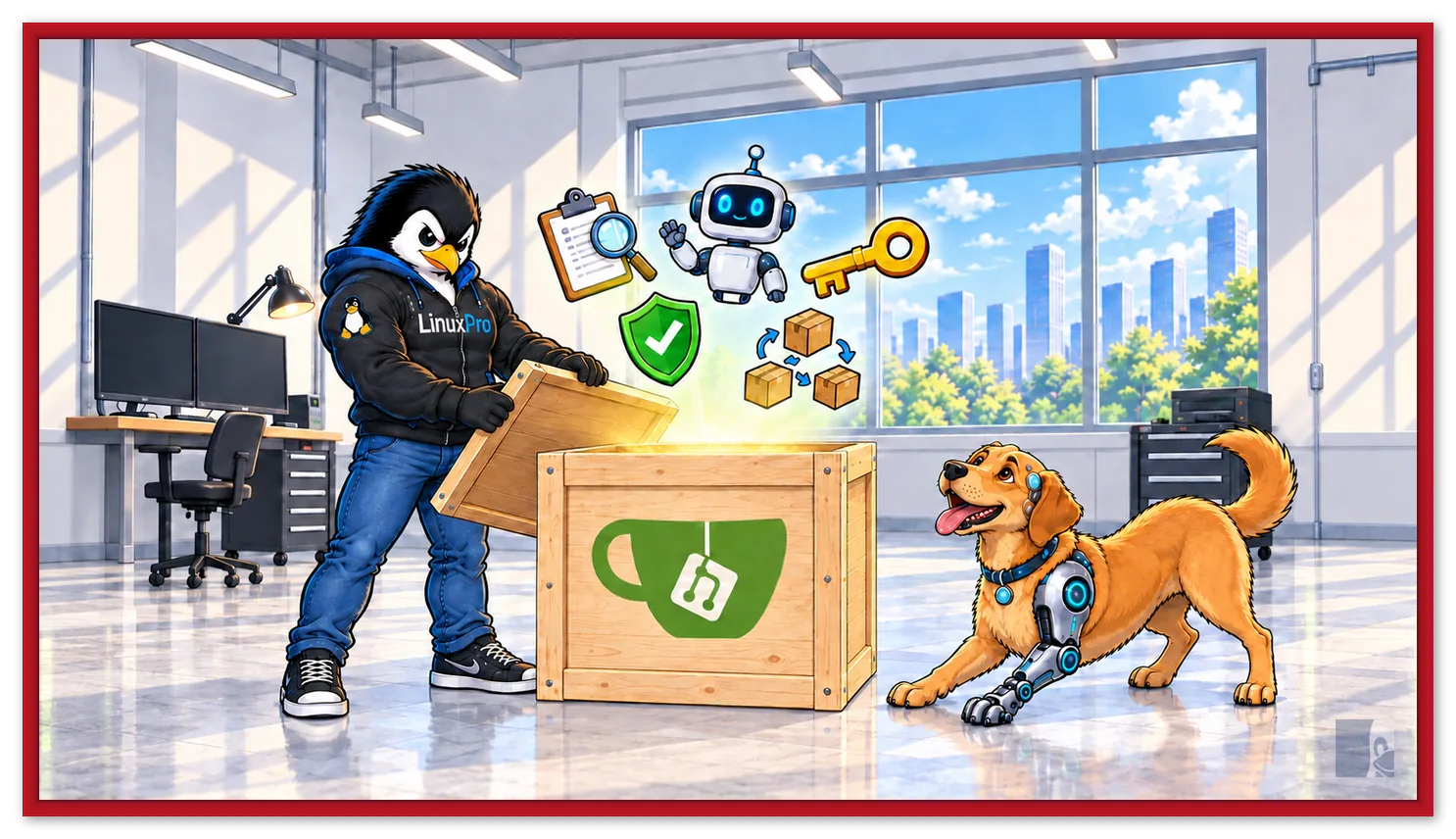 Mascote LinuxPro abre uma caixa com o logo do Gitea e símbolos de auditoria, bots e segurança, acompanhado pelo caramelo ciborgue.