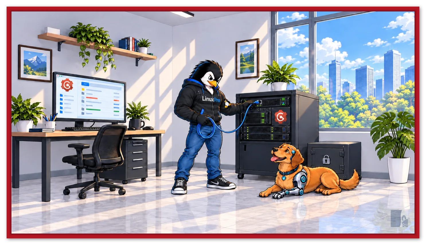 Mascote do LinuxPro conectando um cabo de rede no servidor de homelab com o logo do Gogs, monitor com a interface de repositórios e o cachorro caramelo deitado ao lado