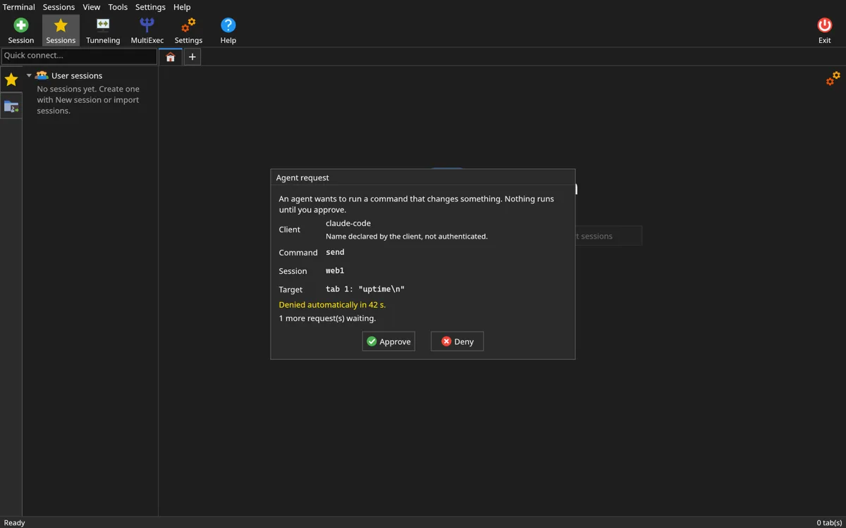 Diálogo do rustXterm solicitando aprovação para uma ação de agente sobre uma sessão remota, com identificação do pedido e botões de aprovar ou negar.