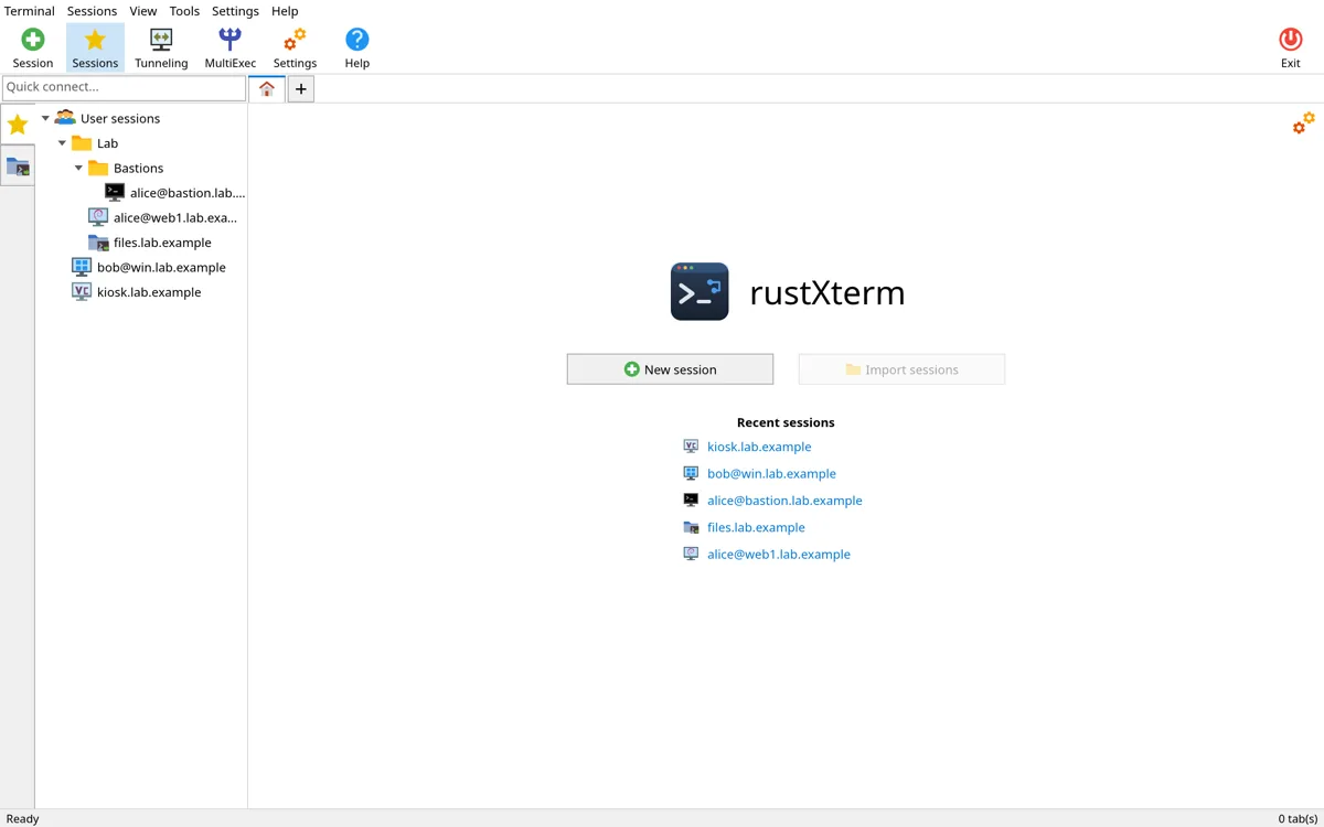 Interface clara do rustXterm com árvore de sessões organizadas em pastas e atalhos para conexões recentes.