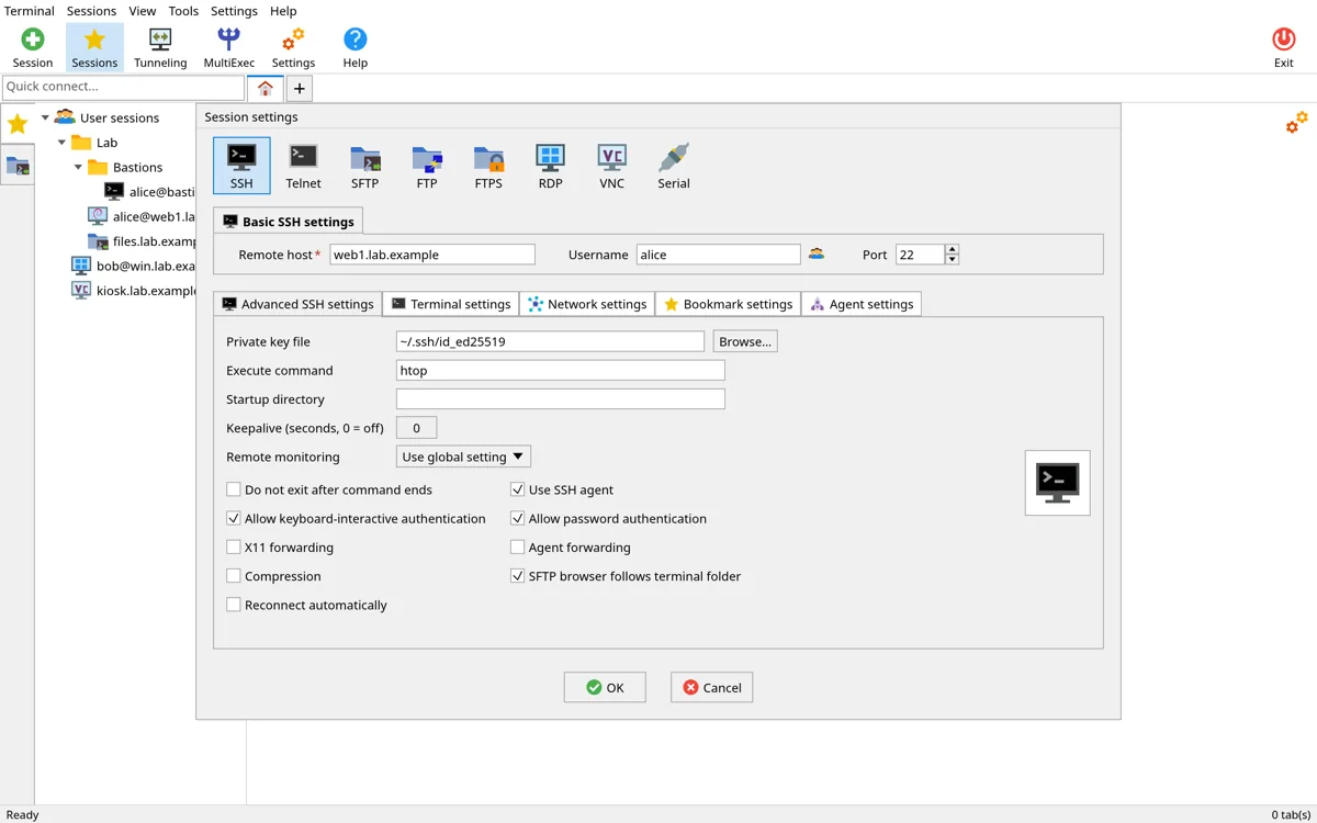 Editor de sessão SSH do rustXterm, com host, usuário, porta e opções de chave privada, agente, monitoramento e encaminhamento X11.