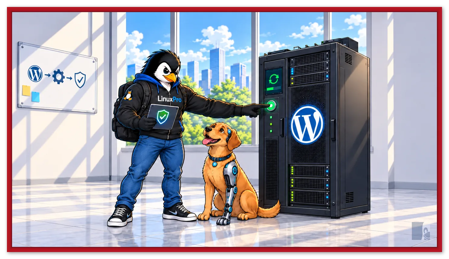 Mascote LinuxPro atualizando um servidor WordPress, acompanhado do cachorro caramelo cyborg, em uma sala técnica iluminada.